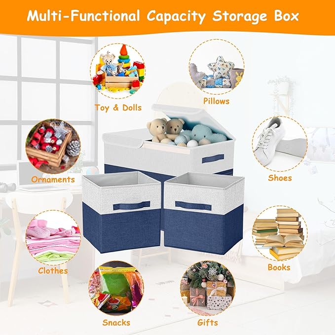 3 Pack Large Storage Bins Set 23" Toy Chest Storage with Lids and 11" Cubes Organizer Bins for Kids Bedroom Closet Shelf Organizer for Clothes Blankets Nursery Playroom(Navy White)