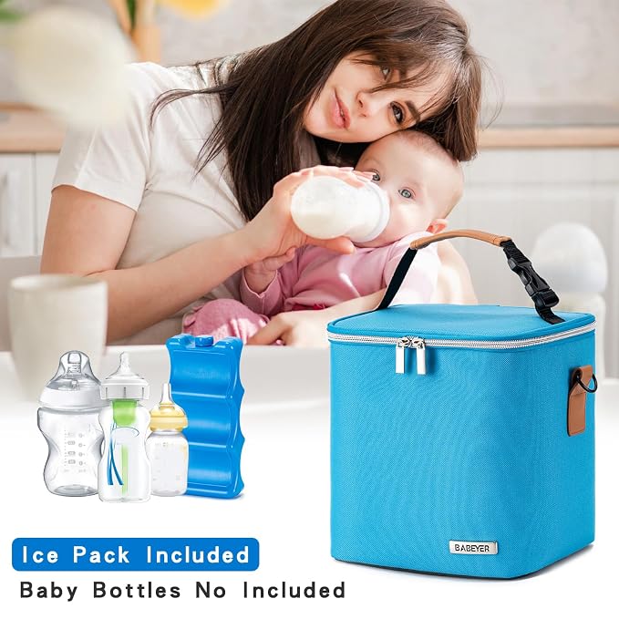 Breastmilk Cooler Bag with Ice Pack Fits 6 Baby Bottles Up to 9 Ounce, Baby Bottle Bag with Shoulder Strap for Nursing Mom Daycare, Blue