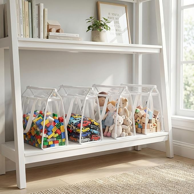 HOLAY 4 Pack Clear Toy Storage Bags with Handle ??Playroom Organizer Bins for Kids Toys, Board Games, Busy Bags, and Homeschool Supplies, Transparent PVC Front & Reinforced Base(White, X-Large)