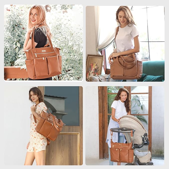 miss fong Diaper Bag Tote Leather Diaper Bag Backpack Pañaleras Para Bebe with 15 Pockets,Leather Diaper Tote with Diaper Changing Pad, Baby Bag for Moms Mommy Bag for Women