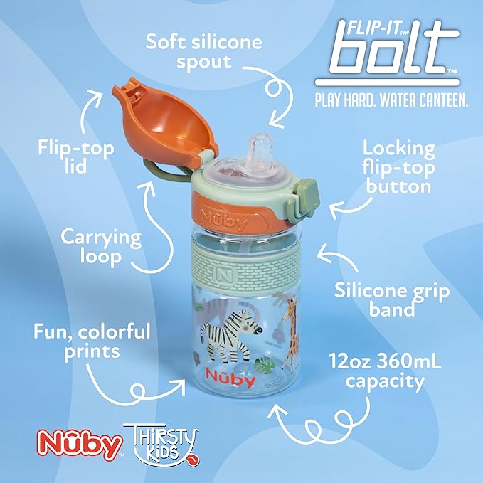 Nuby Thirsty Kids Flip-It Bolt Toddler Cup with Push-Button Locking Flip-Top and Silicone Spout - 12 oz - Easy-Grip and Spill-Resistant - 18+ Months - Safari