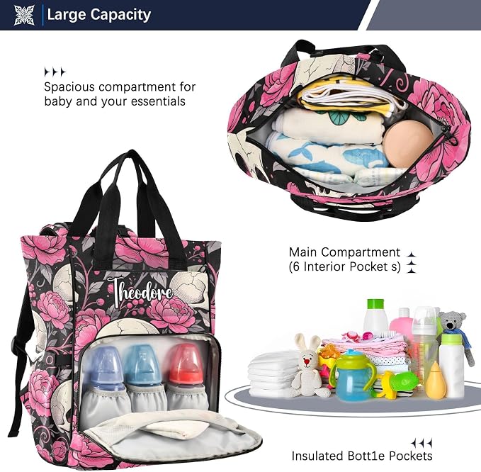 Personalized Skull Pink Flowers Diaper Bag Travel Large Cap Mom Dad