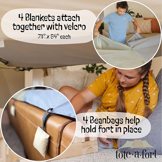 Tote a Fort Earthy XL Blanket Fort Building Kit for Kids, 4 Blanket TOTEAFORT Toy, Make a Portable Playhouse, Play Tent Boy and Girl Indoor Outdoor Build Set, STEM Children Toy, Ages 4, 8, 12 +