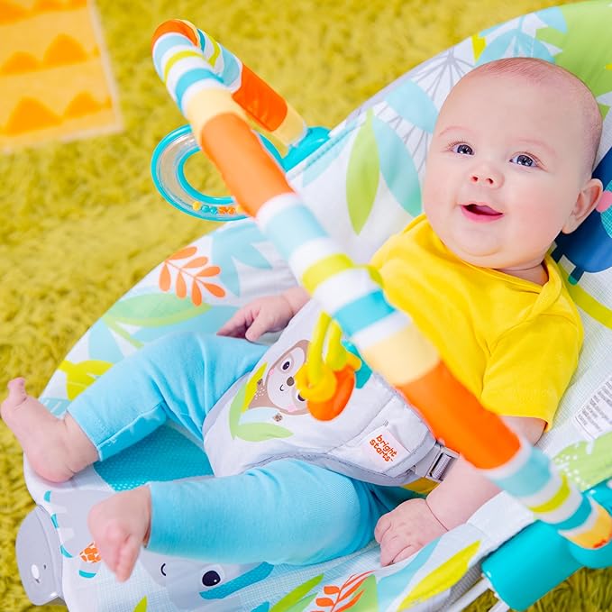Bright Starts Baby Bouncer Soothing Vibrations Infant Seat - Removable -Toy Bar, Nonslip Feet, 0-6 Months Up to 20 lbs (Rainforest Vibes)