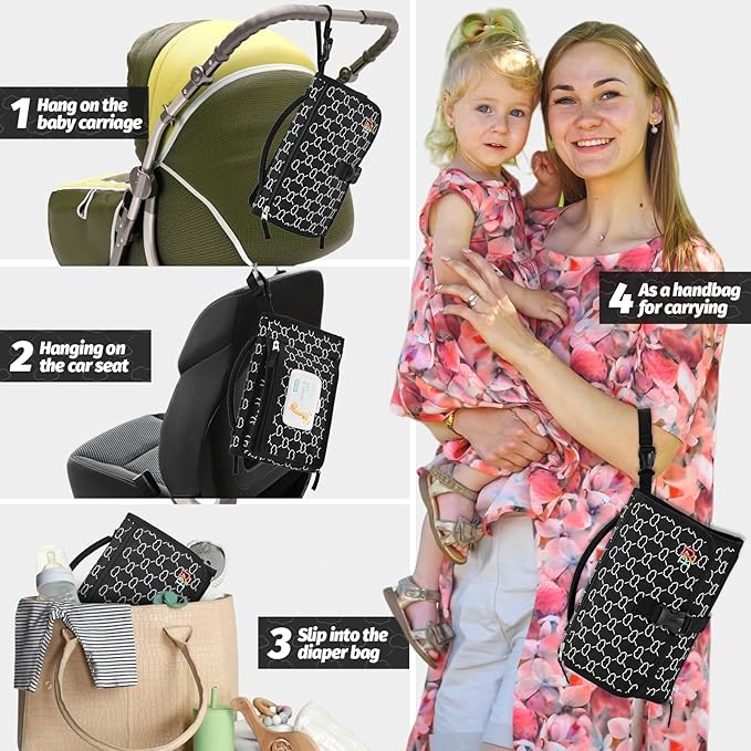 Portable Diaper Changing Pad - Changing Pad Portable with Wipes Pocket, Waterproof Diaper Changing Mat, Portable Changing Pad for Baby, Newborn Gift (Black)