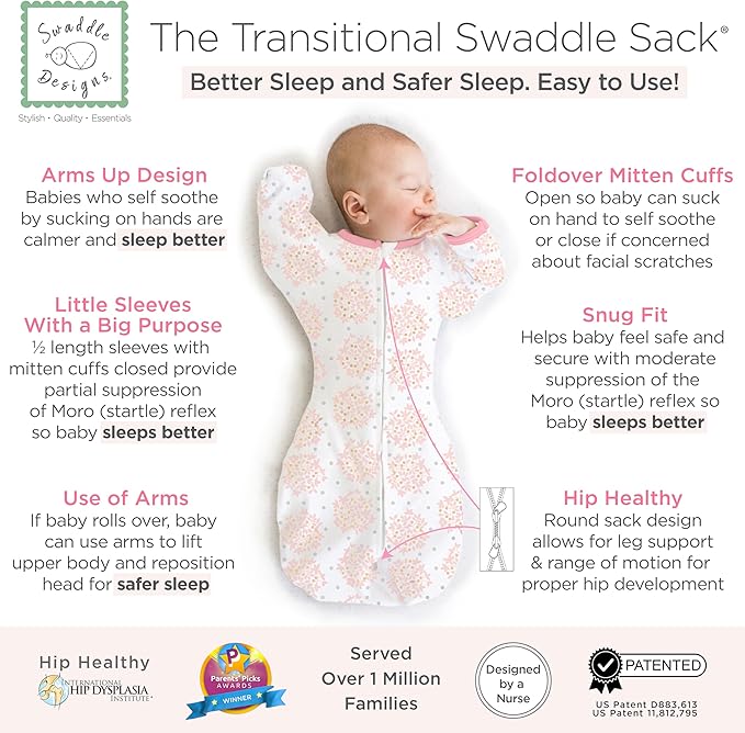 SwaddleDesigns Transitional Swaddle Sack, Arms Up Half-Length Sleeve Mitten Cuff, Most Gradual Transition Swaddle for Newborn