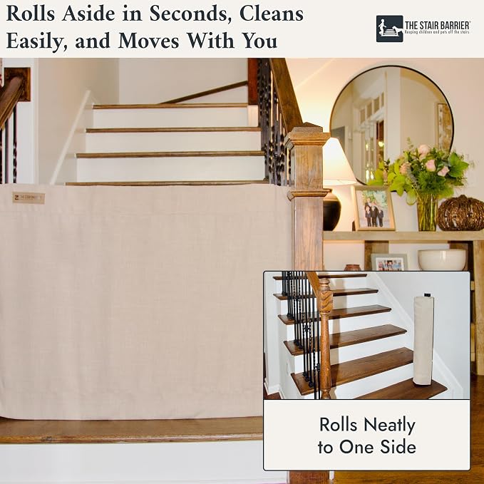 The Stair Barrier First Fabric Wall to Banister Baby Gate for Stairs 36”–43” Wide x 32” Tall – Dog Gate for Stairs, for Top or Bottom Staircase, Machine-Washable, Climb Proof, Designed in USA – Beige