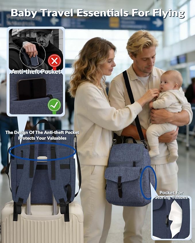 Baby Diaper Bag Backpack, 15 Pockets Newborn Baby Essential Travel bag, Multi Function Water Resistant Tote bag, Balancing Work and Life for Mon and Dad Navy Blue