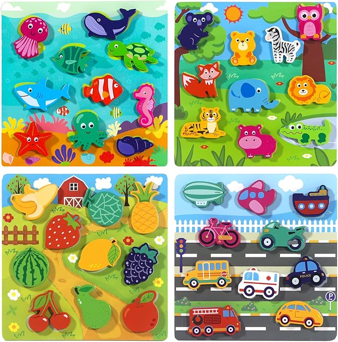 Montessori Puzzles for Toddlers | 4-in-1 Hook & Loop Wooden Puzzles | Early Learning Toys for Jungle Ocean Transportation Fruit Themes