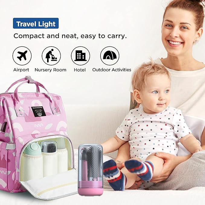 YOTIME Baby Bottle Brush, Travel Bottle Cleaner Kit with Extendable Silicone Bottle Brush, Nipple Cleaner Brush, Straw Brush, Soap Dispenser, Dust Cap and Stand, Pink