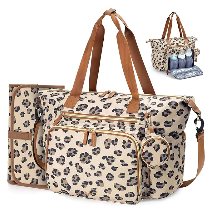 Diaper Bag Tote, Large Baby Diaper Bags for Travel, Hospital Bag for Labor Delivery with Pacifier Case, Changing Pad, Shoulder Strap, Leopard Print