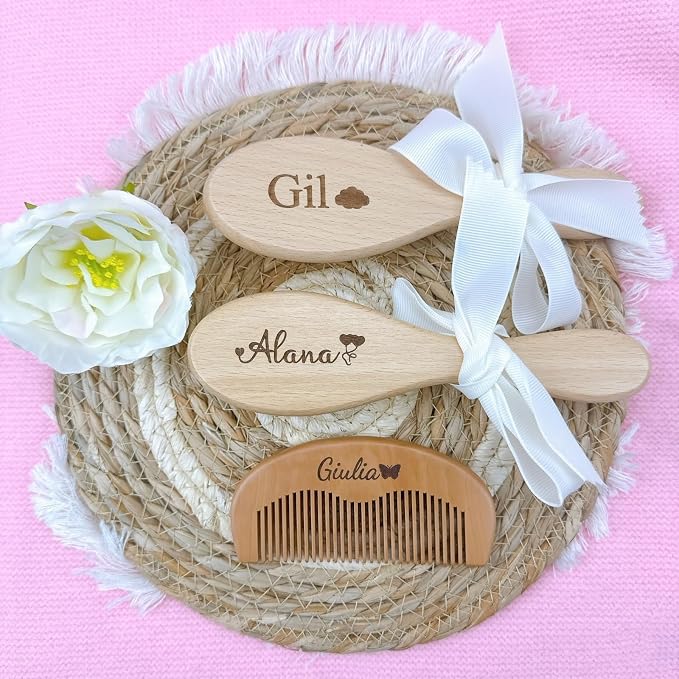 Personalized Baby Hair Brush and Comb Set for Newborns and Toddlers, Soft Goat Hair Brush, Natural Wood Massage Brush and Comb, Preventing Cradle Cap