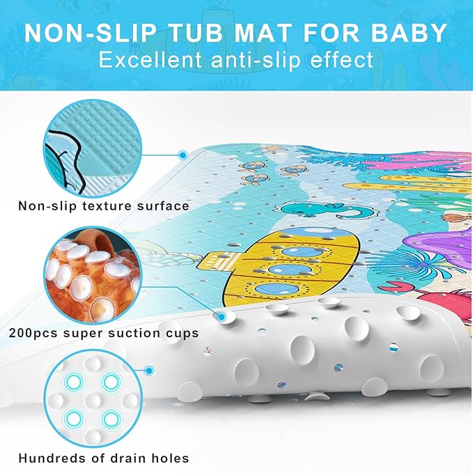 Upgrade Cartoon Baby Bath Mat Non Slip -40"x16" Extra Long Bathtub Mat for Baby Eco Friendly Durable Bath Mat for Tub Non Slip Kids Tub Mat with Suction Cups, Machine Washable and No Fading, Submarine