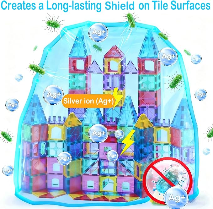 Antibacterial Magnetic Tiles 124PCS, STEM Toy for Kids Aged 3+ | 4 XL squares, Bacteria resistant, Safer play, EPA-registered, Fits other brands, ABS plastic, Montessori toy, Classroom gift