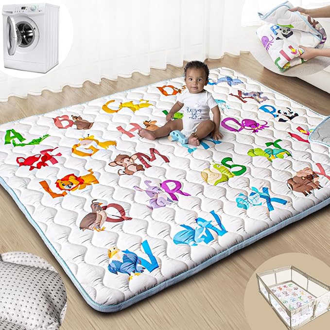 Baby Play Mats for Floor, 71?�x59??Upgraded Thickness & Larger Super Soft Playmat for Babies and Toddlers, Foldable Washable, Upgrade Anti-Slip Crawling Mat for Playpen(Animal Alphabets)