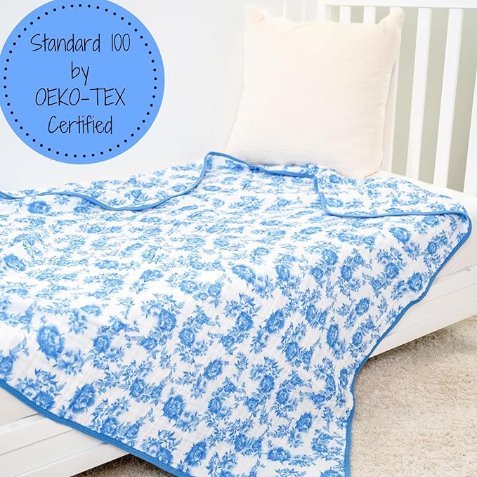 LollyBanks Muslin Baby Blanket, 100% Cotton and 6 Layers Soft Newborn Blanket for Girls, Large 47 x 47 Inches Versatile Crib Blanket, Cozy Muslin Quilt, Baby Essentials, Registry (Blue Peony Print)