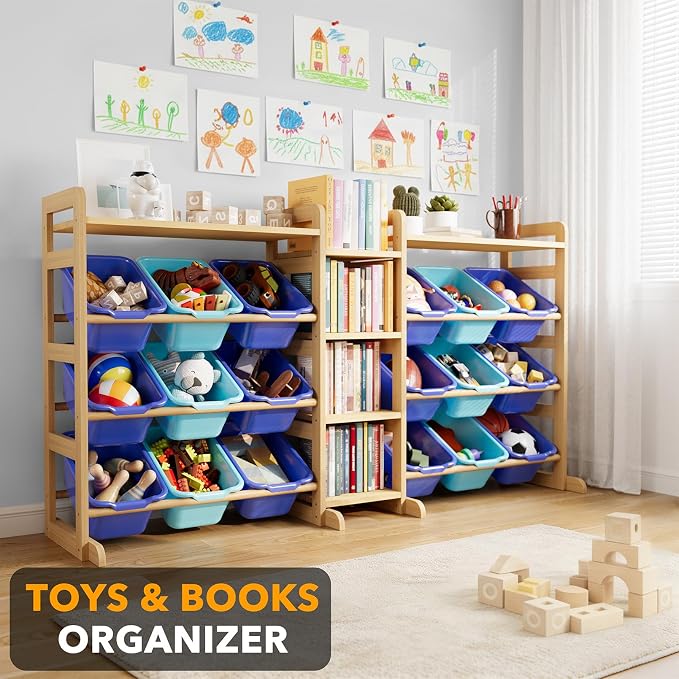 SpaceAid Large Toy Storage Organizer with 6 Shelves and 18 Bins, Book Shelf Organizers Storage Bookshelf, Kids Bin Shelf Box Bookcase for Bedroom Playroom Organization Room Decor, Blue and Navy Blue