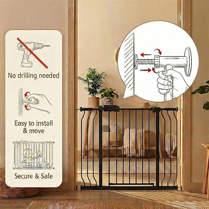 Extra Wide Baby Gate - 43.3-48 Inch Tension Mounted Safety Child & Pet Gate - Black Metal - Walk Through - Long - for House Doorways & Stairs, 30 Inch Tall