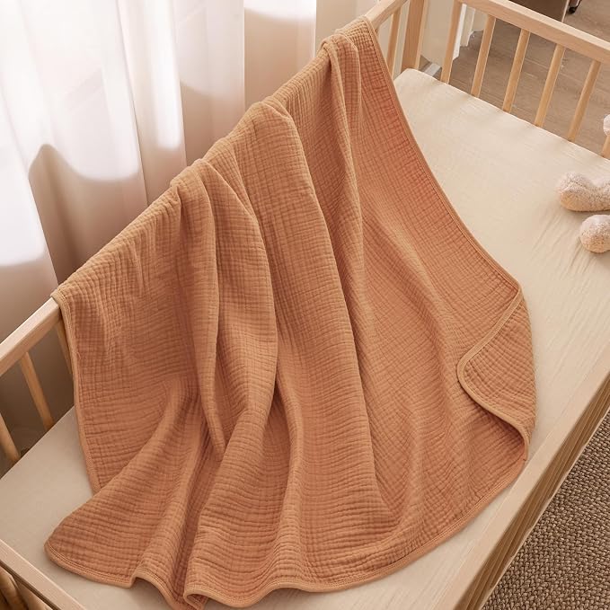 PHF Baby Muslin Swaddle Blanket, 100% Cotton Soft Breathable Receiving Blankets for Boys and Girls, 4-Layer Swaddle Wrap Burping Clothes, Baby Essentials, Large 47 x 47 inches, Caramel