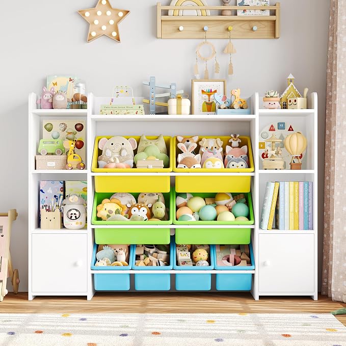 FOTOSOK Toy Storage Organizer with 8 Toy Bins, Toy Organizer Kids Bookshelf with 6 Storage Cubbies, Stuffed Animal Storage Organizer, Playroom Storage and Toy Chest, White/Green