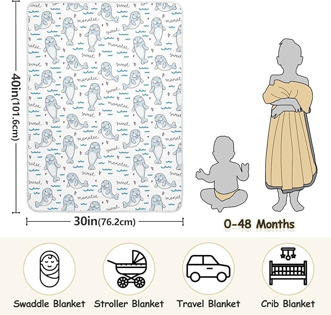 Ollabaky Cartoon Manatee Baby Blanket for Boys Girls Cotton Throw Blanket Swaddle Blanket for Crib Stroller Nursery Receiving Blanket Infant Toddler Unisex 30"x40"