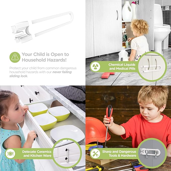 Sliding Cabinet Locks (4-Pack) 8 inch, Multi-Purpose Child Safety Lock by Skyla Homes - No Tools or Drilling Required, Best for Baby Proofing, Strong ABS Free Plastic Knob Cover