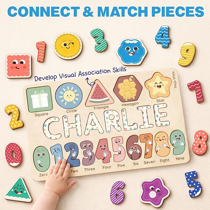 Wooden Name Puzzle for Toddlers 1-3, Personalized Name Puzzle with Animal Story Background, Baby Puzzle, Custom Baby Gift, First Birthday Gift for Boy Girl (Shapes and Numbers)