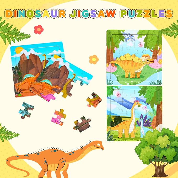 SANNIX Dinosaur Wooden Puzzles with 12 Storage Bags, Dinosaurs, Animals, Puzzles for 3 4 5 Year Old Kids, Party Gifts, Travel Toys for Boys and Girls