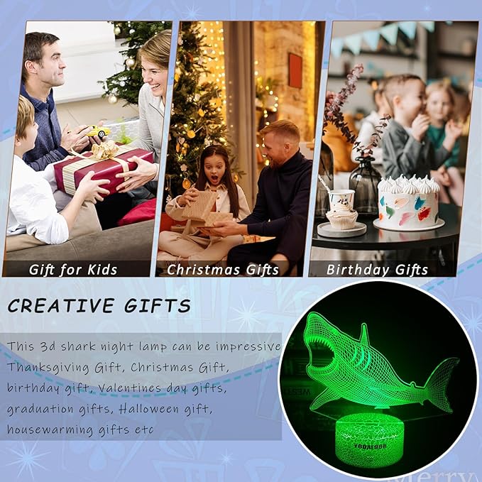 Shark Gifts for Shark Lover, 3D Nursery Night Light Lamp, Multi Color Change Timer Dimmalbe Remote Control, Bedroom Megalodon Theme Decor, Birthday Gift for Boy Girl Kids Teens Women Men
