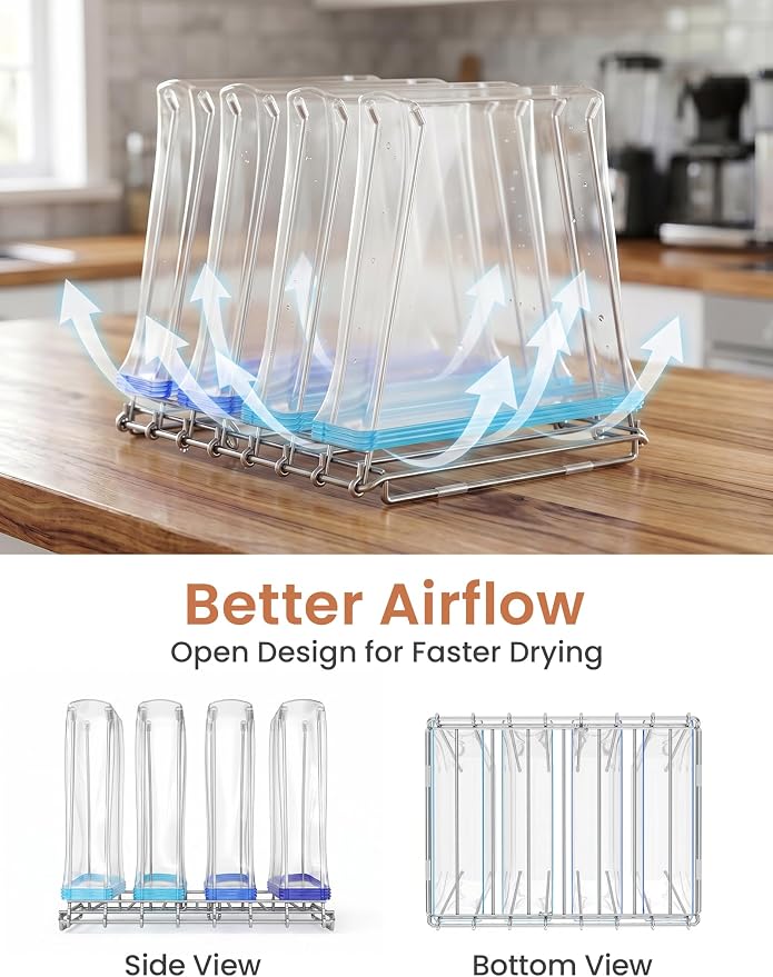 NiHome 2-in-1 Foldable Drying Rack – Stainless Steel Holder for Ziplock Bags, Plastic & Silicone Storage Bags, Cups, Dishes, and Baby Bottles. A Rust-Resistant Kitchen Drying Stand
