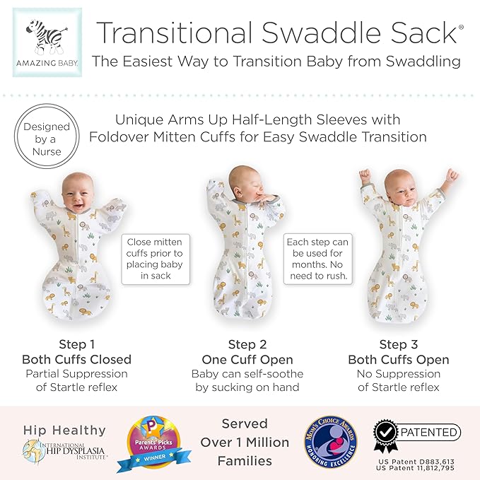 Amazing Baby Transitional Swaddle Sack, Arms Up Half-Length Sleeves & Mitten Cuffs, Swaddle for Newborn Transition to Baby Sleep Sack Wearable Blanket, Large, 6-9 Month, 21-24 lb, On Safari