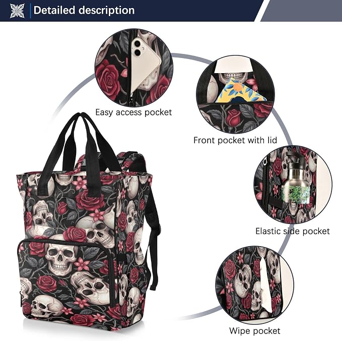 Red Roses Skull Diaper Bag – Insulated Pockets for Mom