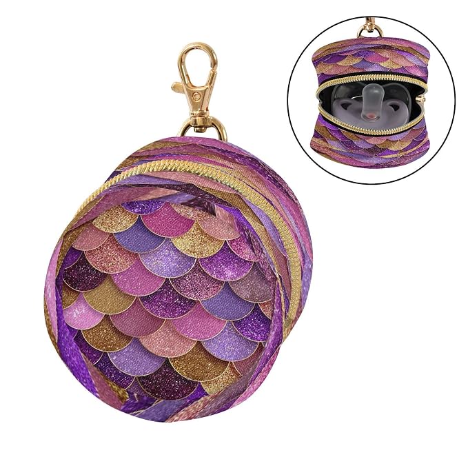 Glitter Purple Mermaid Scale Print Pacifier Holder Case with Clip Portable Pacifier Storage Case for Boys Girls Baby Pacifier Cover Pouch for Diaper Bag or Purse Stroller