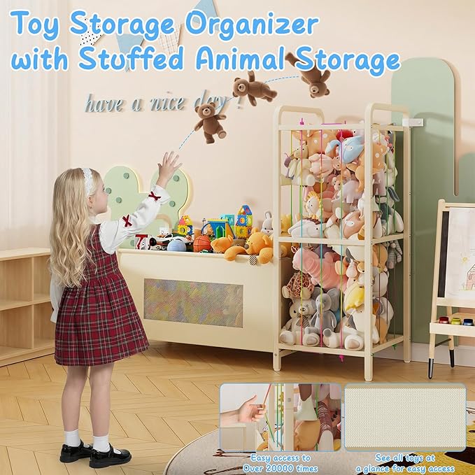 B10 Toy Storage Organizer with Stuffed Animal Storage, Large Toy Box Chest and Stuffed Animal Holder Zoo Organizer with Elastic Ropes for Nursery, Kids Room, Playroom, Bedroom, Beige
