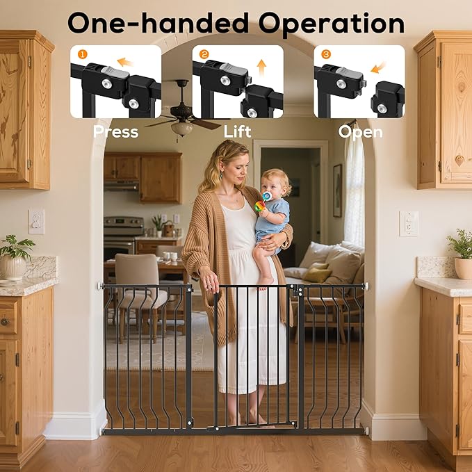 29-57" Baby Gate for Stairs, Baby Safety Essentials, Auto Close Gate for Doorways, Easy Install Pressure Mounted Dog Gate Indoor, Pet Gates for Dogs, Black