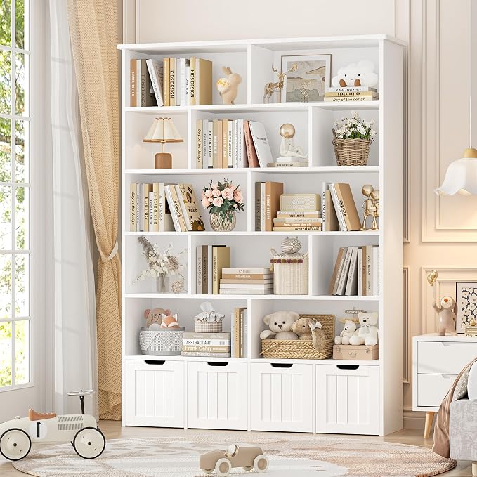 FINETONES 69" H Toy Storage Organizer, 6 Tier Tall Kids Bookshelf with 4 Movable Drawers and 12 Storage Cubbies, 49.4" W Toy Organizers and Storage Organizer Playroom Storage for Kids Room