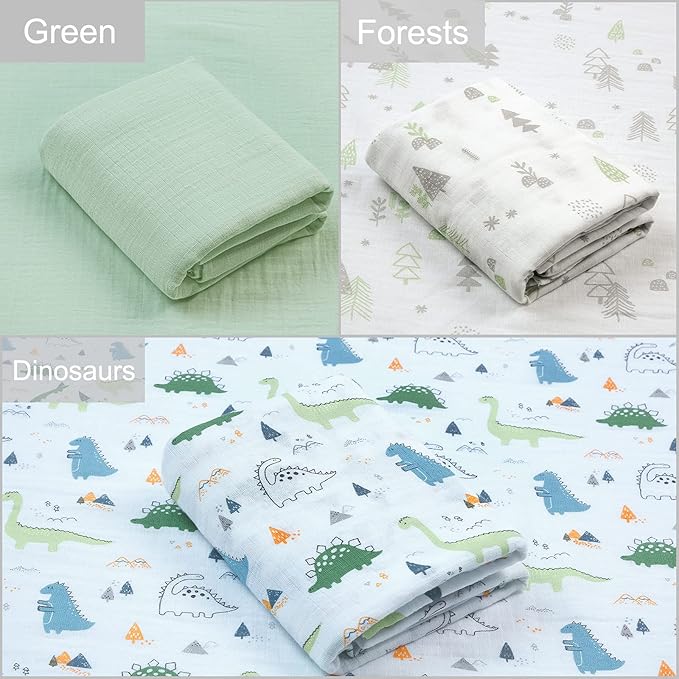 david's kids 3 Pack Baby Muslin Swaddle Blankets, 100% Cotton and Ultra Soft Breathable Receiving Blanket Wrap for Boys Girls, New Born Essentials, Large 47 x 47 inches, Dinosaur