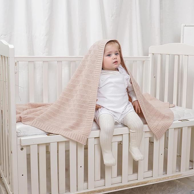 Baby Receiving Blanket for Boys Girls Knit Neutral Swaddle Blankets Soft Lightweight Crib Stroller Blankets for Newborn Infant Toddlers Beige 30 x 40 Inch