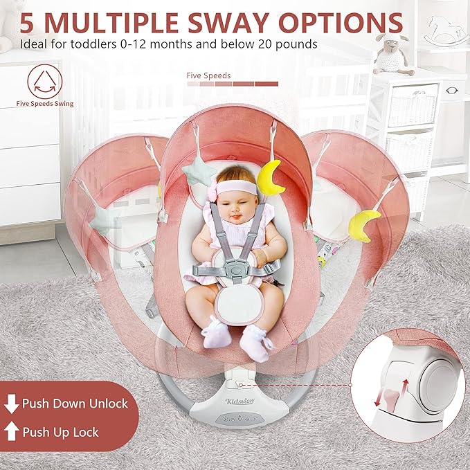 Pink Electric Baby Swing for Infants to Toddlers, 5 Speed Settings, 12 Built-in Songs, Bluetooth & USB Music, Timer Function, Adjustable Baby Swing for Nursery Use