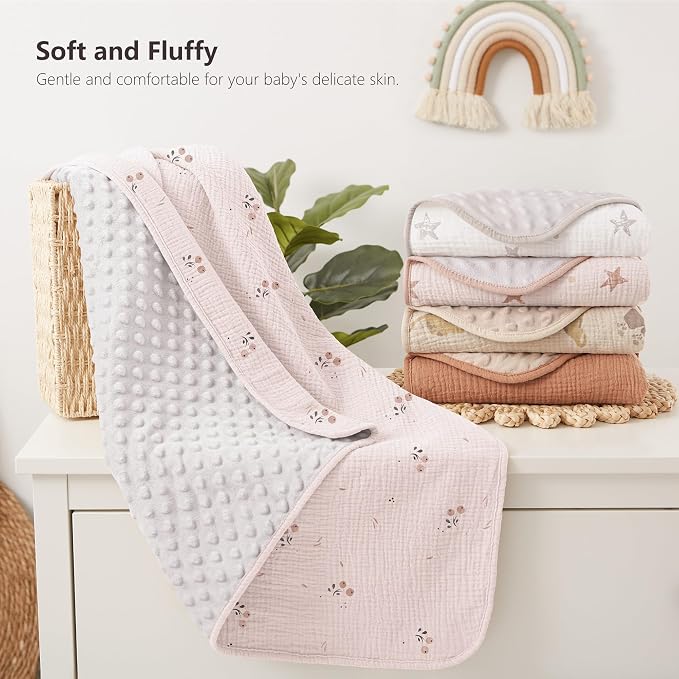 Susurration Baby Blanket for Unisex Boys Girls, Soft Nursery Minky Blanket with Muslin Cotton Front and Dotted Fleece Back, Receiving Blanket for Baby Newborn Infant, 30x40inch