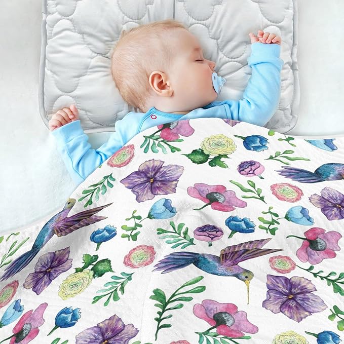 Ollabaky Floral Hummingbird Baby Blanket for Boys Girls, Cotton Toddler Newborn Swaddle Blanket for Stroller Crib Nursery Receiving Blanket Infant Unisex 30"x40"