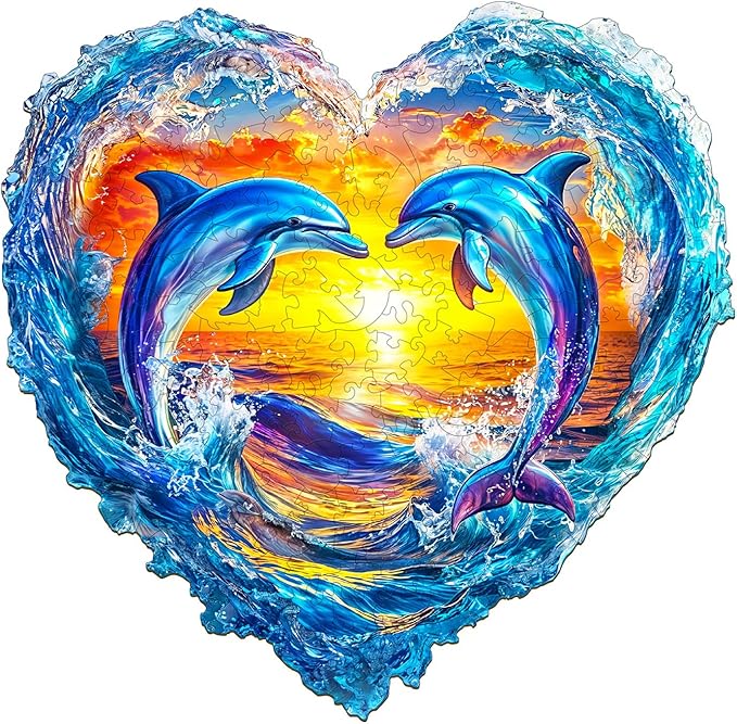 Wooden Puzzles for Adults - Heartfelt Dolphins Wooden Jigsaw Puzzle, Unique Animal Shaped Wood Puzzles Adult, Christmas Birthday Gifts for Friends/Family, Home Decor 11.4 * 11.1in 180pcs