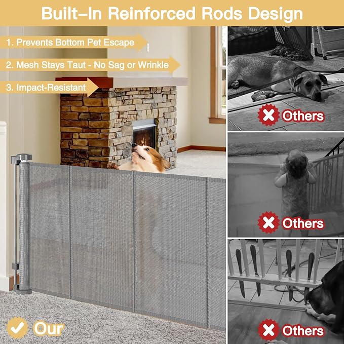 Reinforced 28" Tall Step Over Dog Gate x 100" Extra Wide Retractable Baby Gate with Support Rods, Mesh Baby Gate Retractable Pet Gate Indoor Retractable Gate Outdoor Puppy Gate Long Dog Gate, Gray