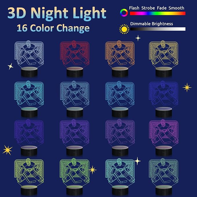 Attivolife Ice Hockey Goalie 3D Night Light, Hockey Illusion Lamp with 16 Color Changing + Remote Control + Timer, LED Desk Room Decor Cool Birthday Christmas Gifts for Kids Boys Men Sports Fan