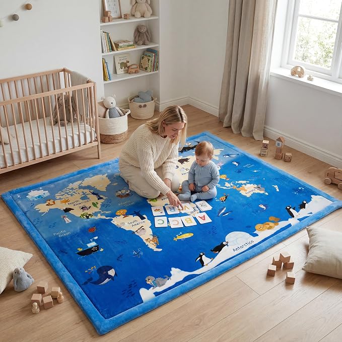 1.5" Thick Educational Large Baby Floor Play Mat 79x118, Flannel Padded Memory Foam Kids Mat, Non-Slip Plush Playmat for Nursery Playroom Classroom (World map)
