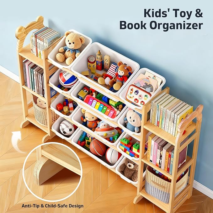 Toy Storage Organizer with 6 Shelves and 12 Bins, Toy Organizers and Storage Shelf with Bookshelf and Bookcase, Toys Box for Kids Room & Playroom & Bedroom & Nursery
