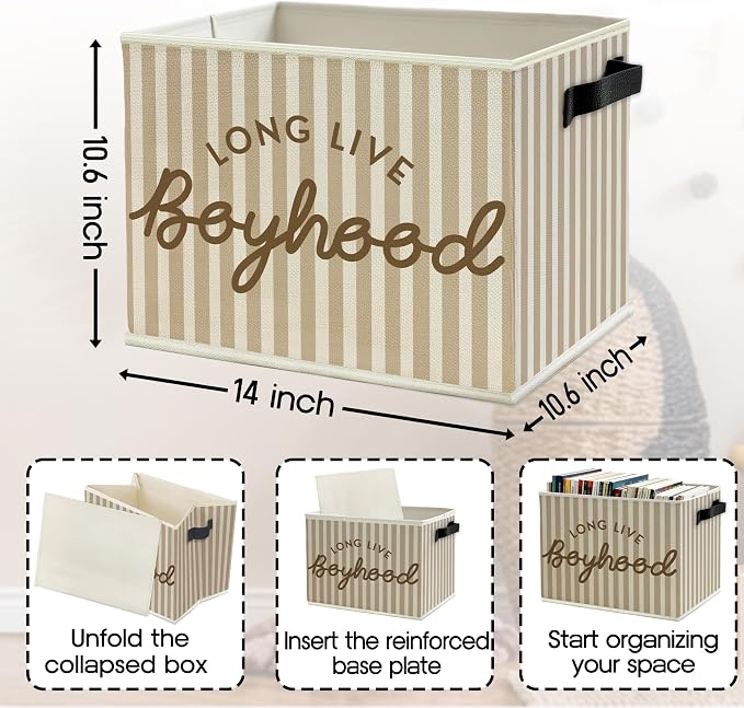 Long Live Boyhood Boys Storage Bins Box with Handles, Beige Stripe Collapsible Basket Organizer for Kids Teen Boy Nursery Room Bedroom Bathroom Playroom Toys Books Clothes