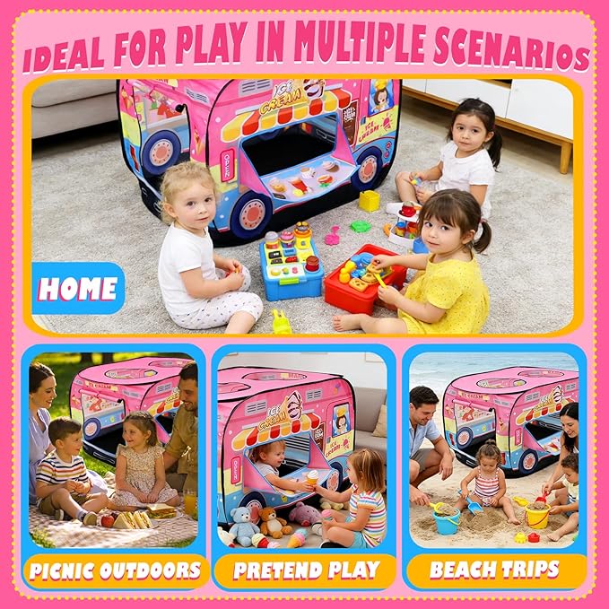 Ice Cream Truck Instant Play Tent for Kids, Play Tent One Second Setup Indoor Outdoor Children's Playhouse Foldable Pretend Play Toddler Toys Birthday Gift for Boys Girls Ages 3 4 5 6 Year Old