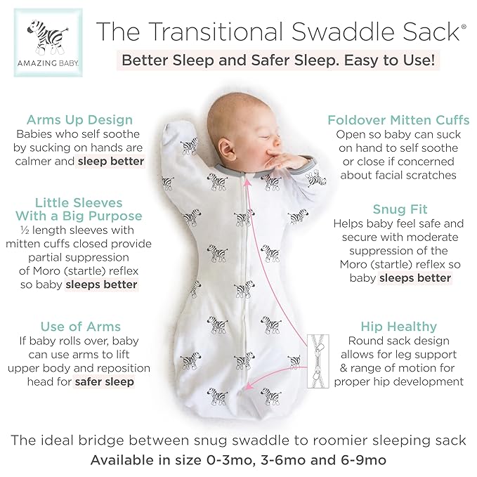 Amazing Baby Transitional Swaddle Sack, Arms Up Half-Length Sleeves & Mitten Cuffs, Swaddle for Newborn Transition to Baby Sleep Sack Wearable Blanket, Small, 0-3 Month, 6-14 lb, Little Zebra
