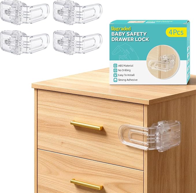 Baby Proofing Drawer Locks,Viaky Child Safety Cabinet Locks,No Drilling or Tools Required,Multi Use Baby Cabinet Latches for Drawers Cupboards Ovens Cabinets(4 Pack,Transparent)